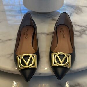 Valentino Gold and Blue Flats with Signature Emblem